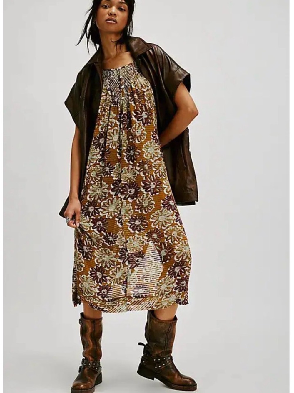 Floral Smocked Neck Midi Dress in Brown—repaired